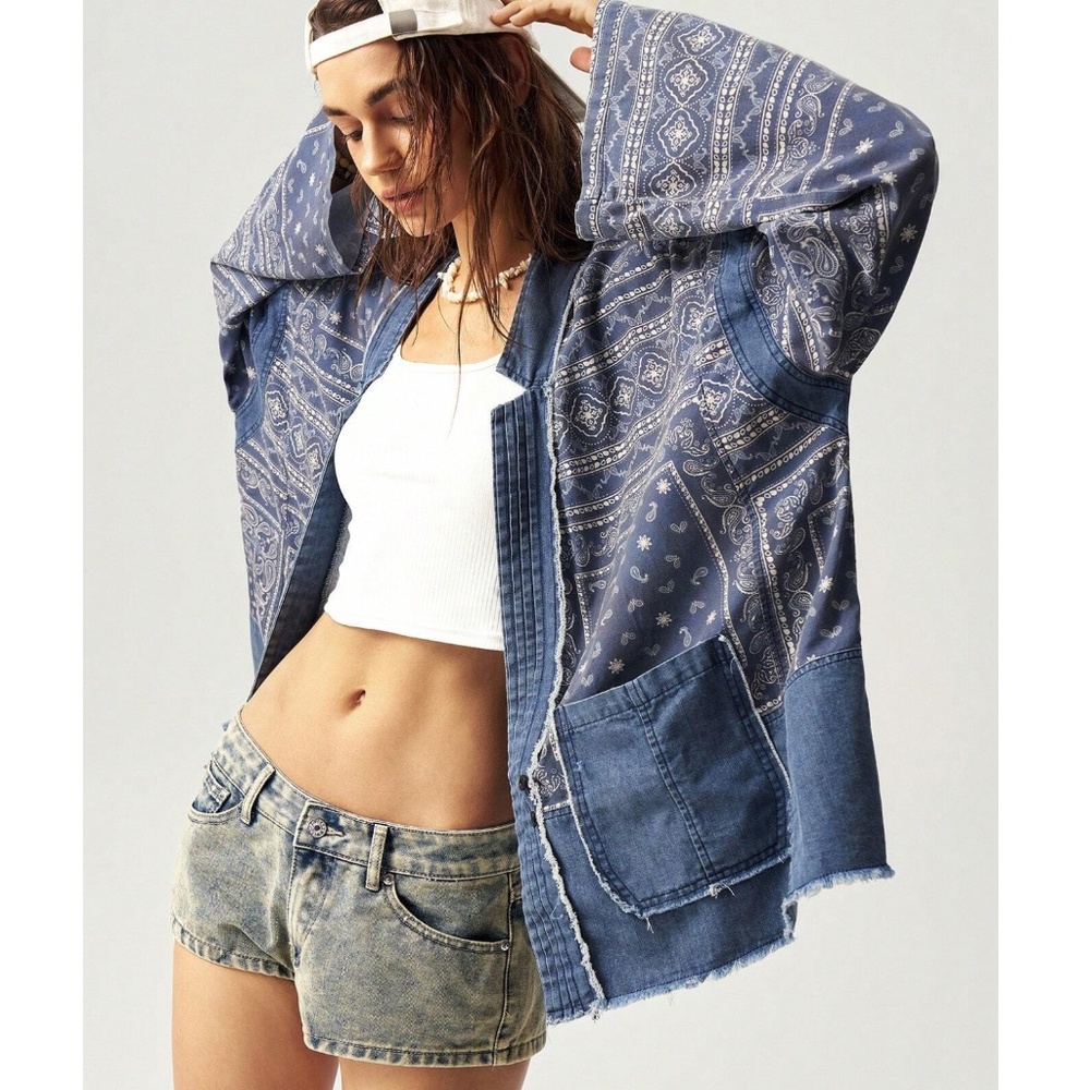 Medium Wash Paisley Print Raw Stitch Oversized Jean Jacket